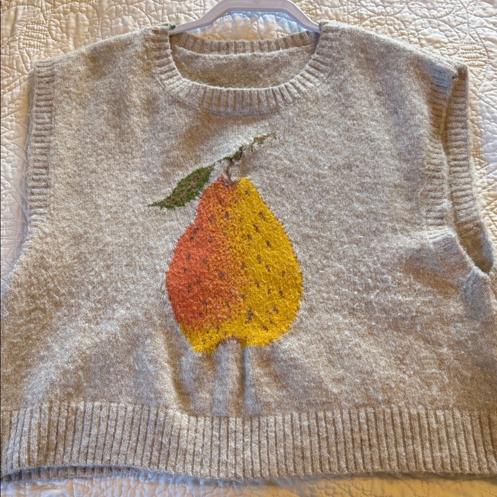 Cider Gray Sweater Vest with Colorful Pear Design